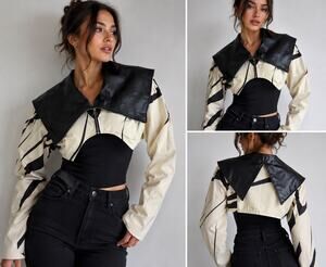Athina Women S Cropped Bolero Shrug Jacket Faux Leather Collar Cream Black
